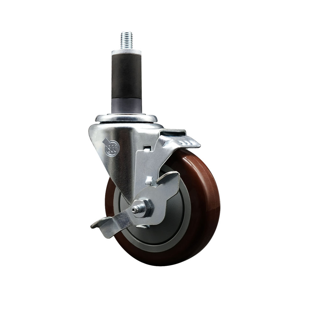 Stainless Steel Polyurethane Expanding Stem Swivel Caster with 4 Inch Maroon Wheel and 1-1/4" Stem & Top Locking Brake - 350 lbs. Capacity Per Caster - Service Caster Brand — photo 1