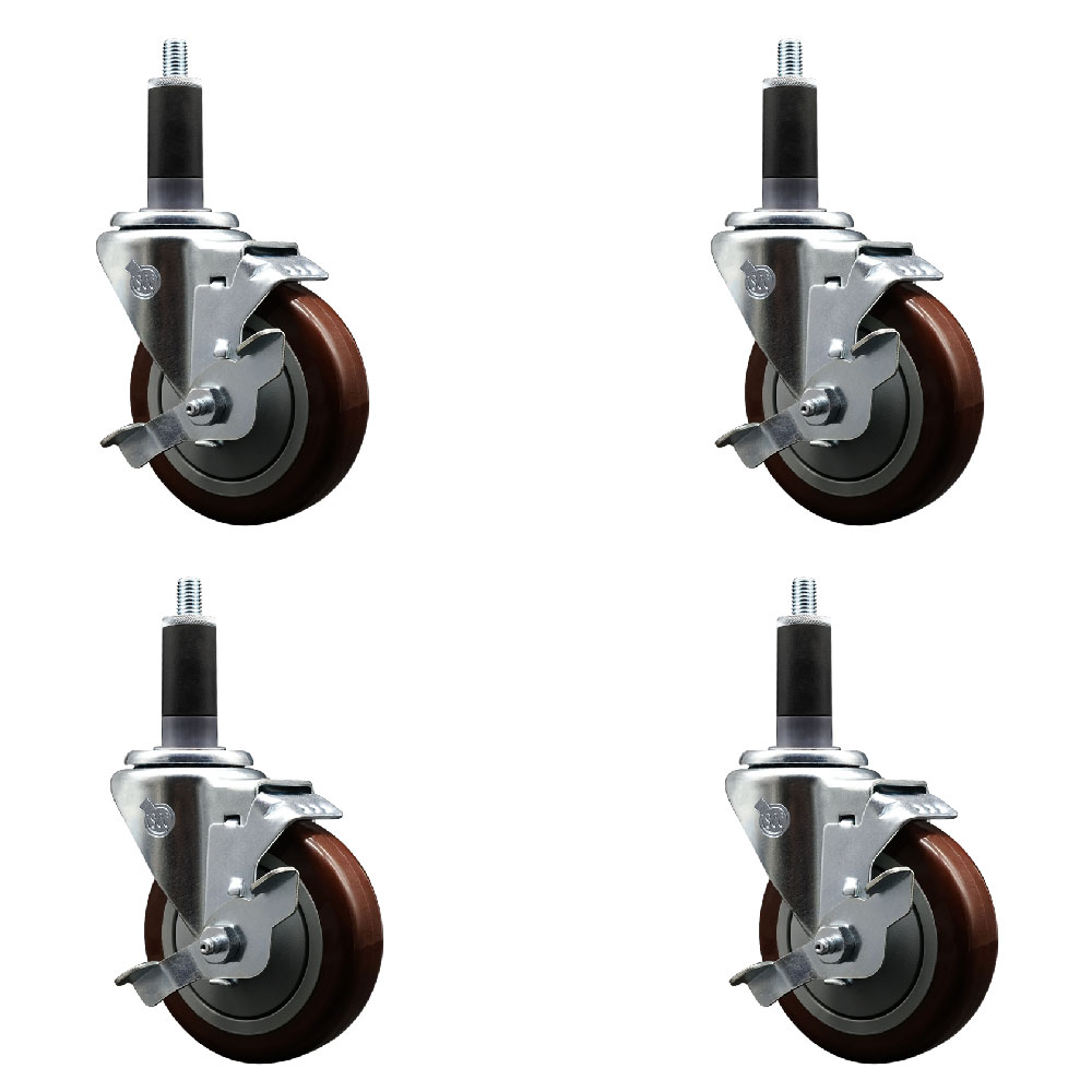 Polyurethane Swivel Expanding Stem Caster Set of 4 with 4 Inch Maroon Wheels and 1-1/8" Stems - Includes 4 Swivel with Top Locking Brakes - 350 lbs. Capacity Per Caster - Service Caster Brand — photo 1