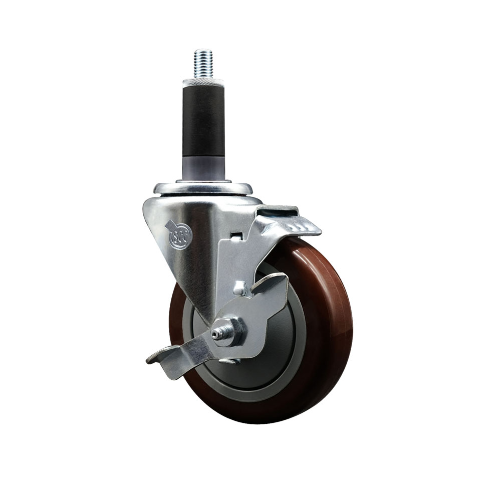 Polyurethane Expanding Stem Swivel Caster with 4 Inch Maroon Wheel and 1-1/8" Stem & Top Locking Brake - 350 lbs. Capacity Per Caster - Service Caster Brand — photo 1