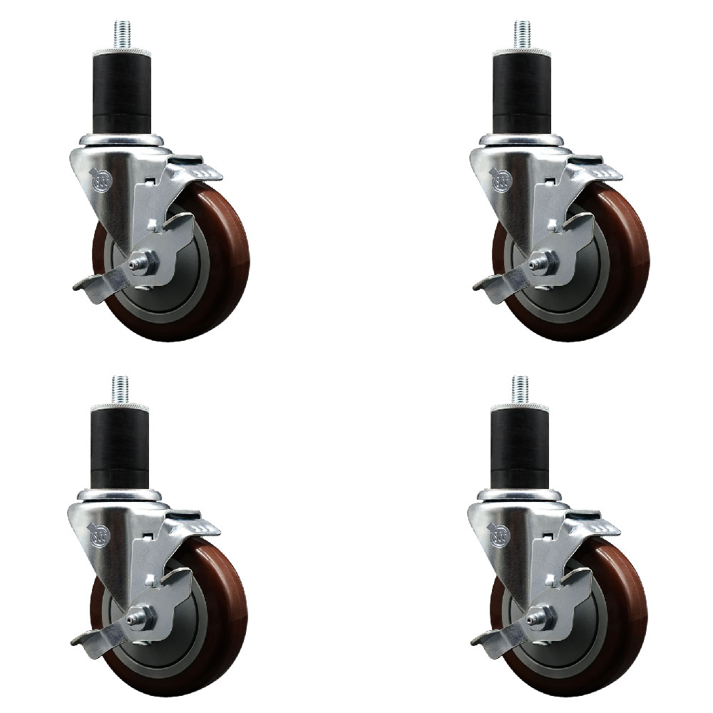 Polyurethane Swivel Expanding Stem Caster Set of 4 with 4 Inch Maroon Wheels and 1-3/4" Stems - Includes 4 Swivel with Top Locking Brakes - 350 lbs. Capacity Per Caster - Service Caster Brand — photo 1