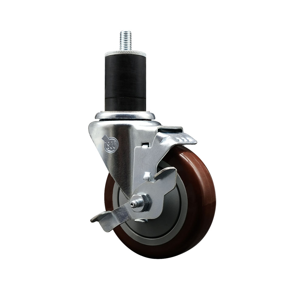 Stainless Steel Polyurethane Expanding Stem Swivel Caster with 4 Inch Maroon Wheel and 1-3/4" Stem & Top Locking Brake - 350 lbs. Capacity Per Caster - Service Caster Brand — photo 1