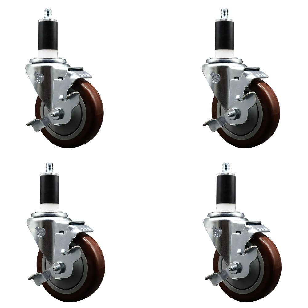Stainless Steel Polyurethane Swivel Expanding Stem Caster Set of 4 with 4 Inch Maroon Wheels and 1-3/8" Stems - 4 Swivel with Top Locking Brakes - 350 lbs. Capacity Per Caster - Service Caster Brand — photo 1
