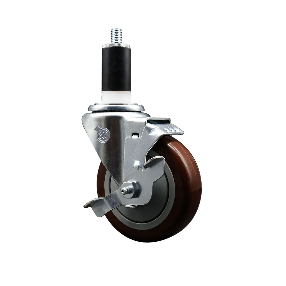 Polyurethane Expanding Stem Swivel Caster with 4 Inch Maroon Wheel and 1-3/8" Stem & Top Locking Brake - 350 lbs. Capacity Per Caster - Service Caster Brand — photo 1