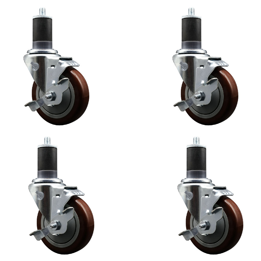 Polyurethane Swivel Expanding Stem Caster Set of 4 with 4 Inch Maroon Wheels and 1-5/8" Stems - Includes 4 Swivel with Top Locking Brakes - 350 lbs. Capacity Per Caster - Service Caster Brand — photo 1