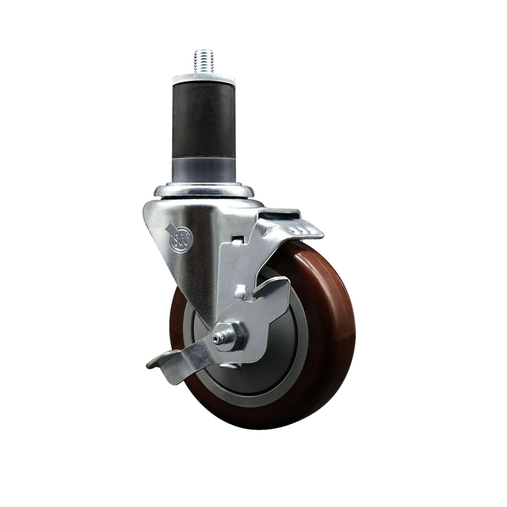 Stainless Steel Polyurethane Expanding Stem Swivel Caster with 4 Inch Maroon Wheel and 1-5/8" Stem & Top Locking Brake - 350 lbs. Capacity Per Caster - Service Caster Brand — photo 1