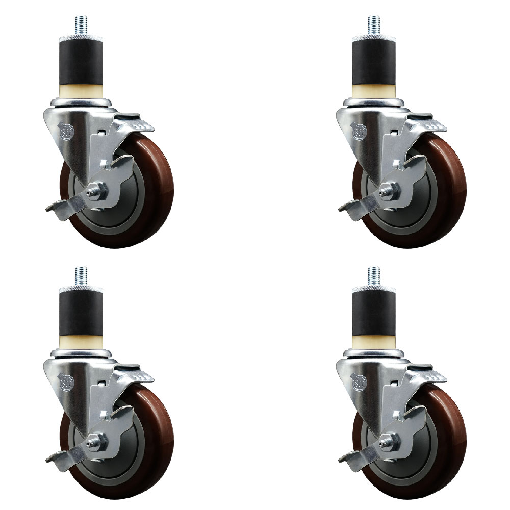 Stainless Steel Polyurethane Swivel Expanding Stem Caster Set of 4 with 4 Inch Maroon Wheels and 1-7/8" Stems - 4 Swivel with Top Locking Brakes - 350 lbs. Capacity Per Caster - Service Caster Brand — photo 1