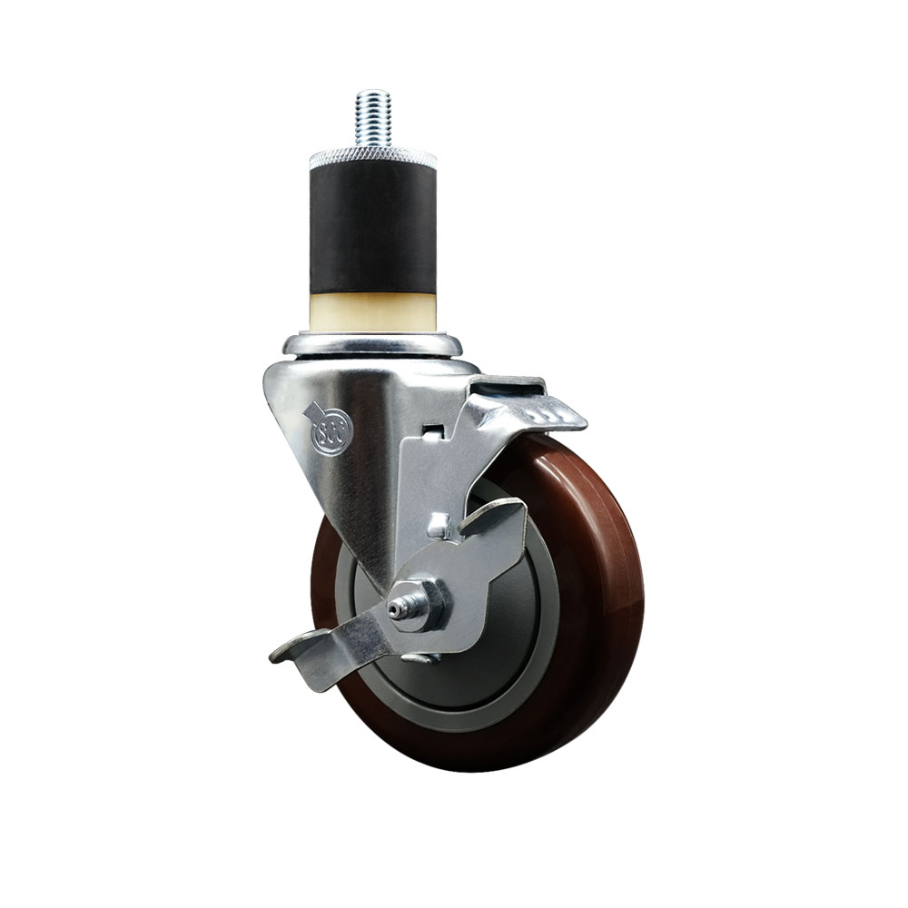 Stainless Steel Polyurethane Expanding Stem Swivel Caster with 4 Inch Maroon Wheel and 1-7/8" Stem & Top Locking Brake - 350 lbs. Capacity Per Caster - Service Caster Brand — photo 1