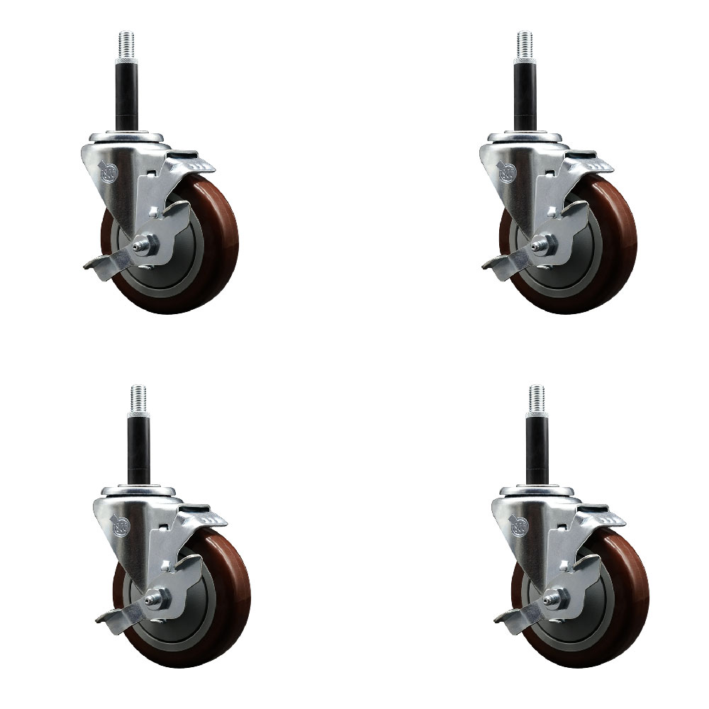 Polyurethane Swivel Expanding Stem Caster Set of 4 with 4 Inch Maroon Wheels and 3/4" Stems - Includes 4 Swivel with Top Locking Brakes - 350 lbs. Capacity Per Caster - Service Caster Brand — photo 1