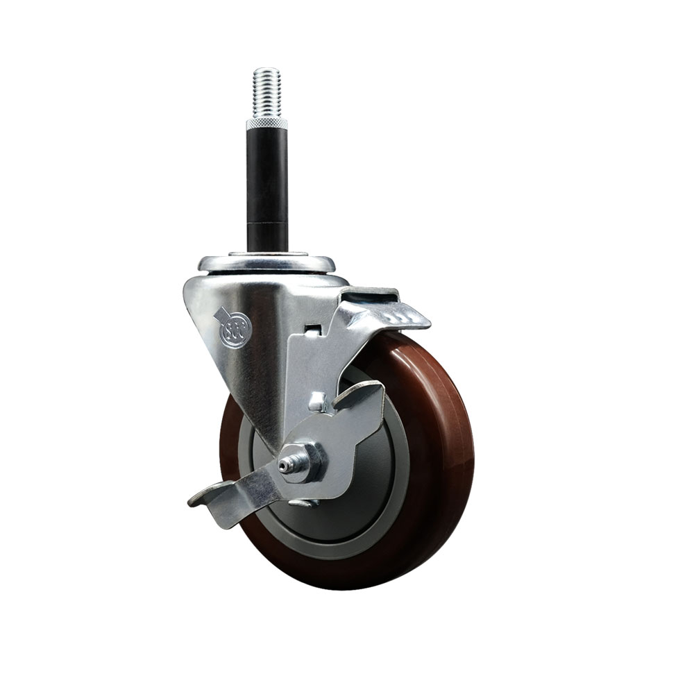 Stainless Steel Polyurethane Expanding Stem Swivel Caster with 4 Inch Maroon Wheel and 3/4" Stem & Top Locking Brake - 350 lbs. Capacity Per Caster - Service Caster Brand — photo 1