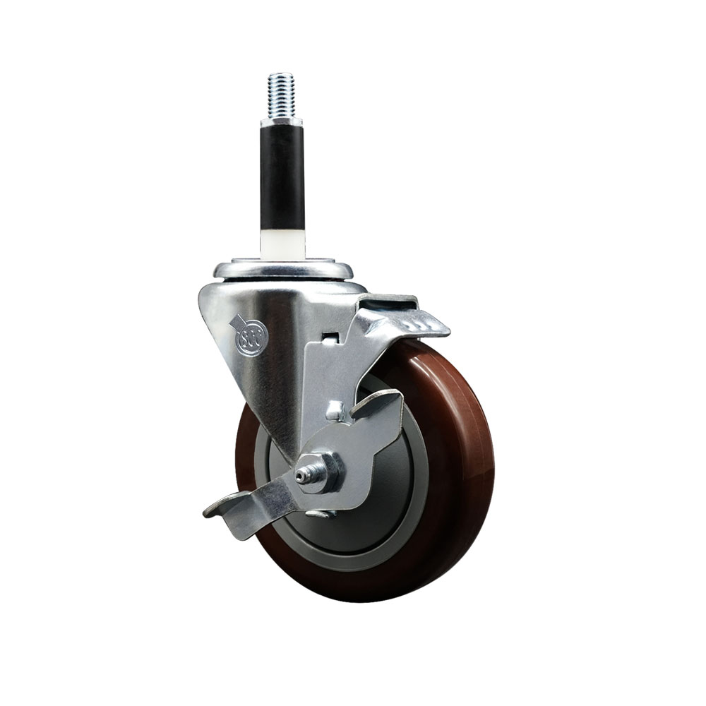 Stainless Steel Polyurethane Expanding Stem Swivel Caster with 4 Inch Maroon Wheel and 7/8" Stem & Top Locking Brake - 350 lbs. Capacity Per Caster - Service Caster Brand — photo 1