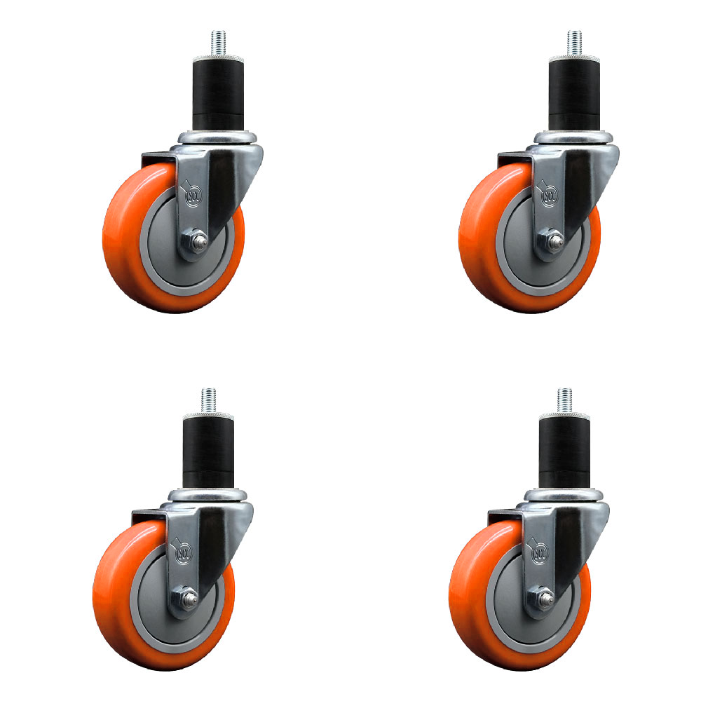 Polyurethane Swivel Expanding Stem Caster Set of 4 with 4 Inch Orange Wheels and 1-3/4" Stems - 350 lbs. Capacity Per Caster - Service Caster Brand — photo 1