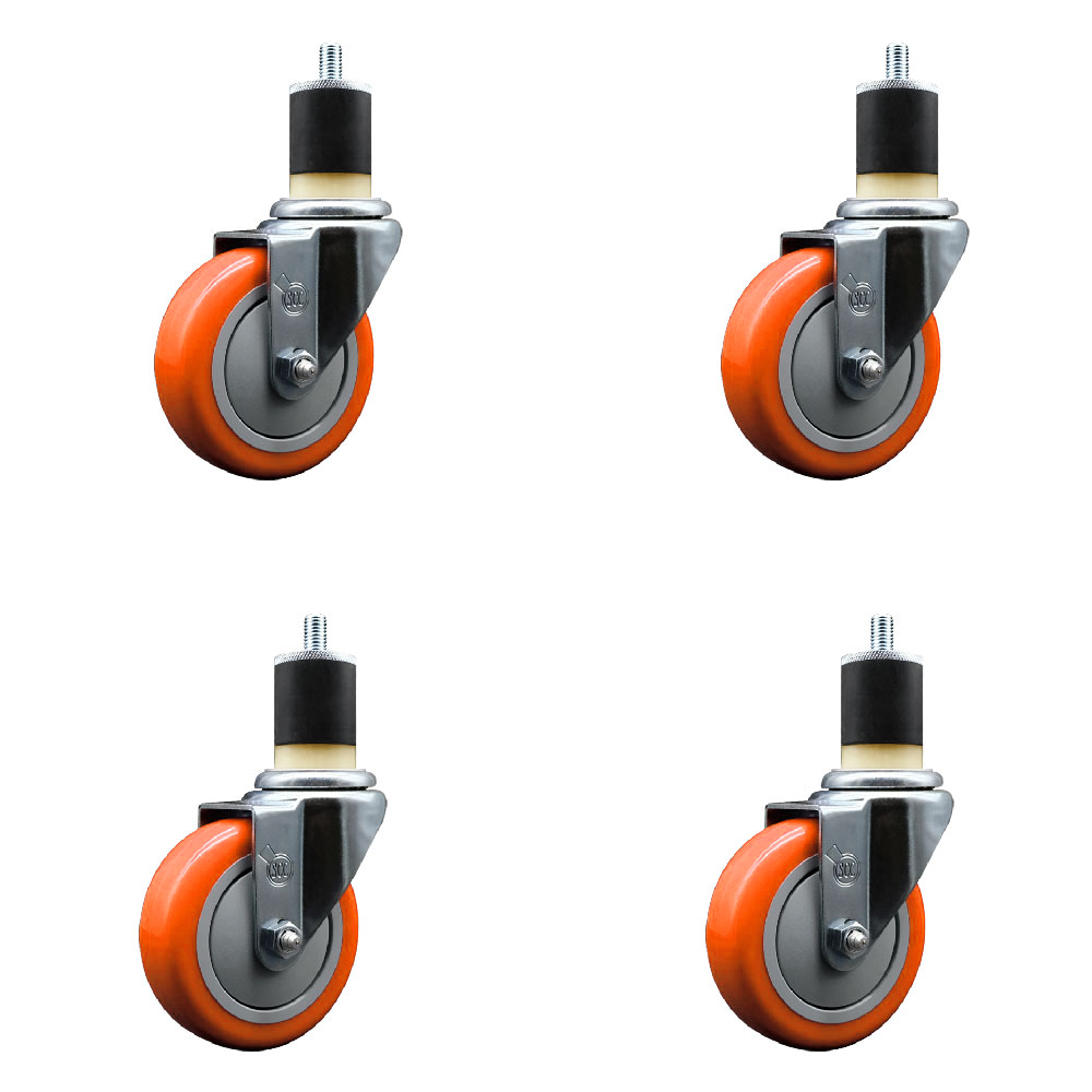 Stainless Steel Polyurethane Swivel Expanding Stem Caster Set of 4 with 4 Inch Orange Wheels and 1-7/8" Stems - Includes 4 Swivel - 350 lbs. Capacity Per Caster - Service Caster Brand — photo 1