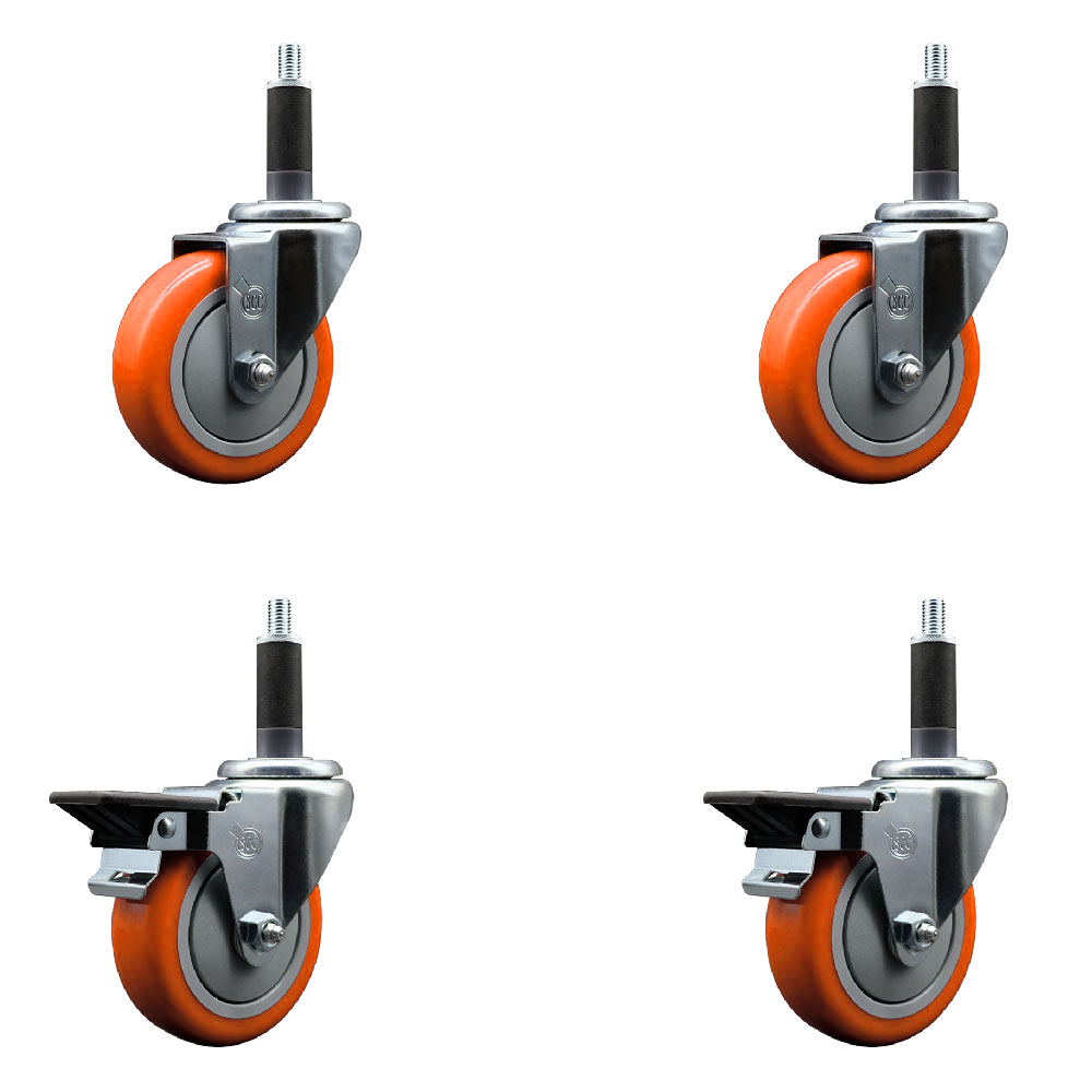 Polyurethane Swivel Expanding Stem Caster Set of 4 with 4 Inch Orange Wheels and 1" Stems - Includes 2 with Posi Locking Brakes - 1400 lbs Total Capacity - Service Caster Brand — photo 1