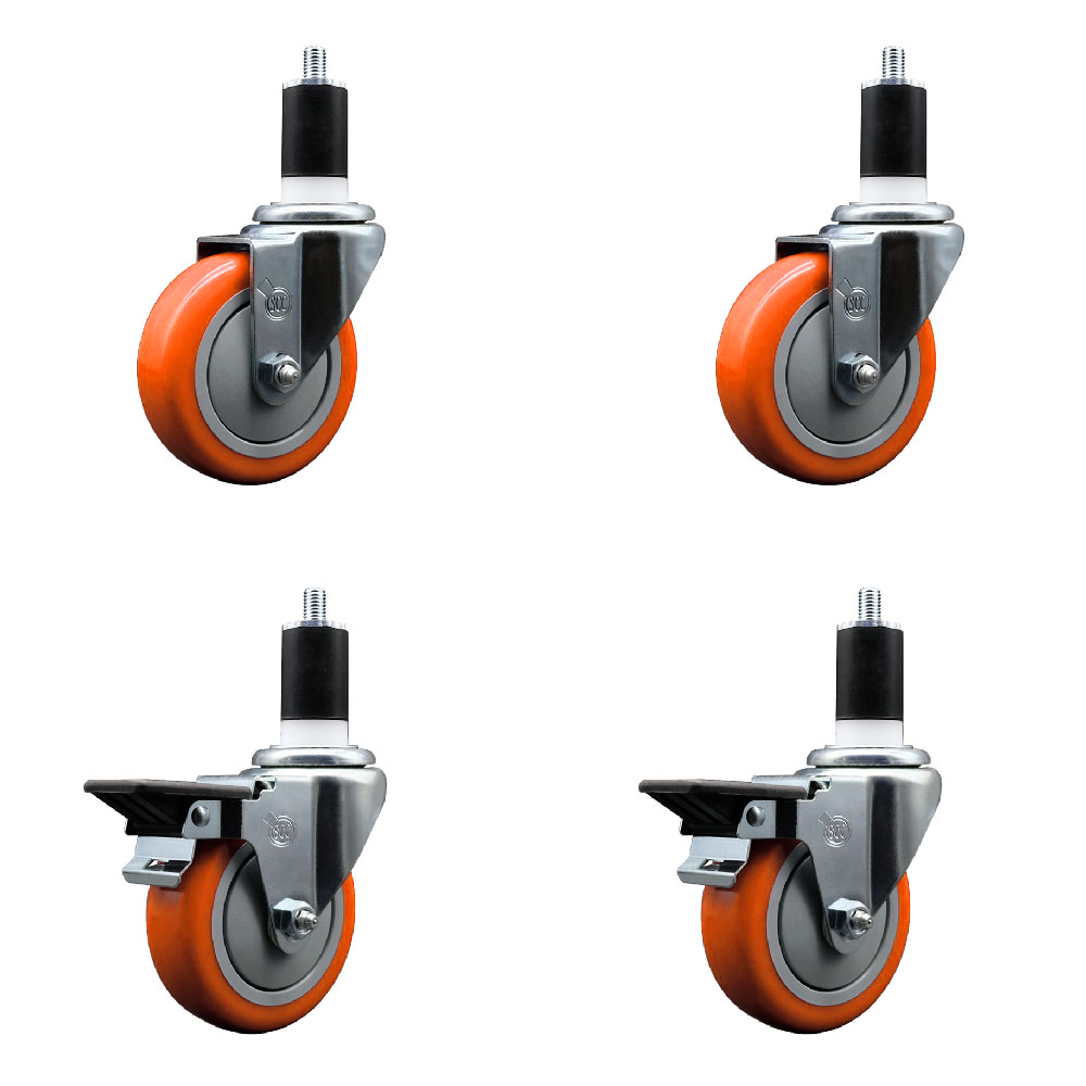 Polyurethane Swivel Expanding Stem Caster Set of 4 with 4 Inch Orange Wheels and 1-1/2" Stems - Includes 2 with Posi Locking Brakes - 1400 lbs Total Capacity - Service Caster Brand — photo 1