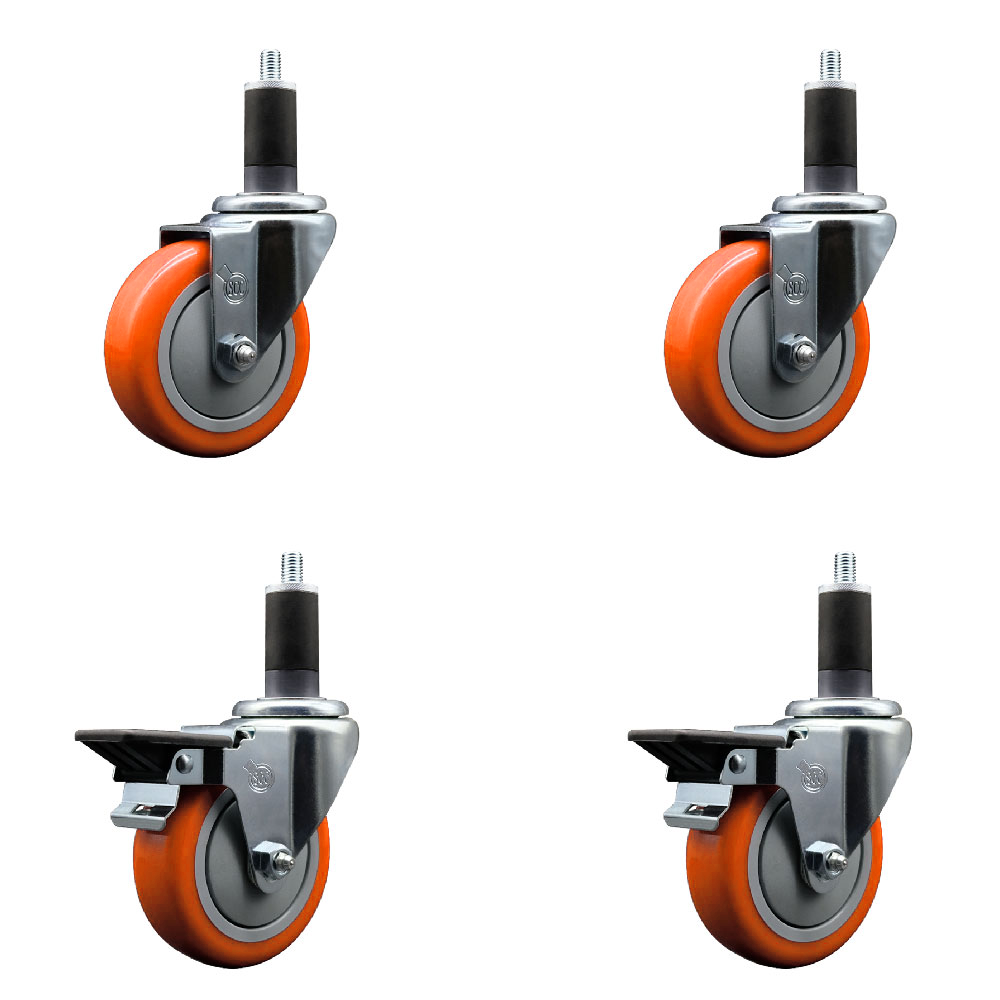 Polyurethane Swivel Expanding Stem Caster Set of 4 with 4 Inch Orange Wheels and 1-1/4" Stems - Includes 2 with Posi Locking Brakes - 1400 lbs Total Capacity - Service Caster Brand — photo 1