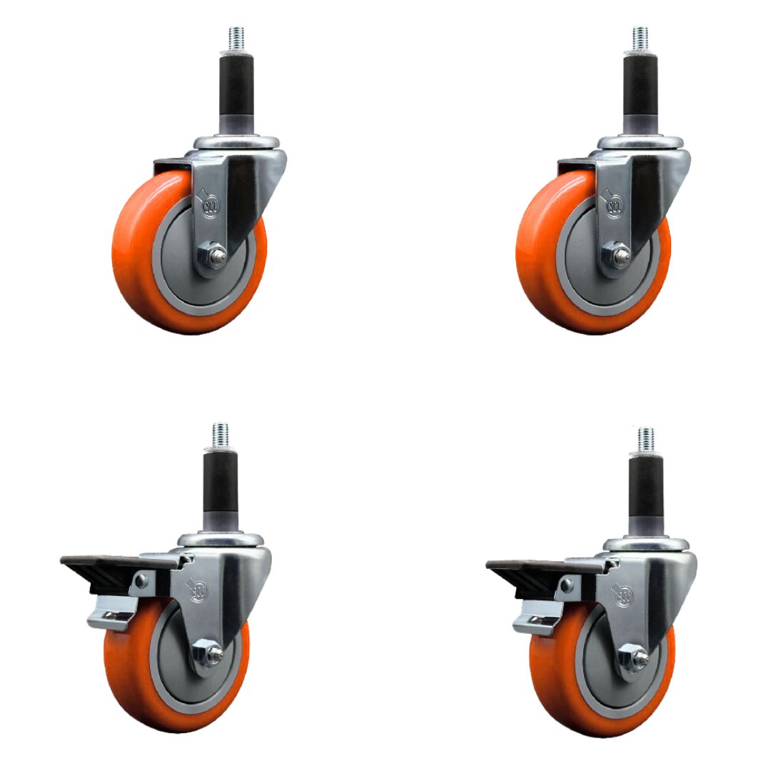 Polyurethane Swivel Expanding Stem Caster Set of 4 with 4 Inch Orange Wheels and 1-1/8" Stems - Includes 2 with Posi Locking Brakes - 1400 lbs Total Capacity - Service Caster Brand — photo 1