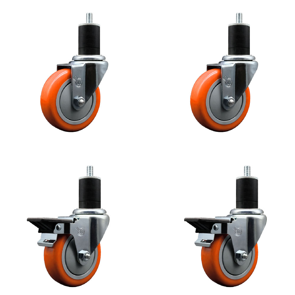 Polyurethane Swivel Expanding Stem Caster Set of 4 with 4 Inch Orange Wheels and 1-3/4" Stems - Includes 2 with Posi Locking Brakes - 1400 lbs Total Capacity - Service Caster Brand — photo 1