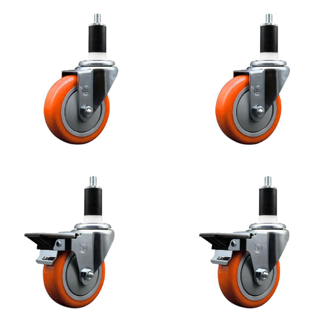 Polyurethane Swivel Expanding Stem Caster Set of 4 with 4 Inch Orange Wheels and 1-3/8" Stems - Includes 2 with Posi Locking Brakes - 1400 lbs Total Capacity - Service Caster Brand — photo 1