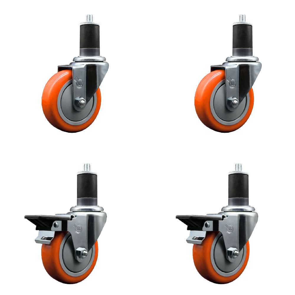 Polyurethane Swivel Expanding Stem Caster Set of 4 with 4 Inch Orange Wheels and 1-5/8" Stems - Includes 2 with Posi Locking Brakes - 1400 lbs Total Capacity - Service Caster Brand — photo 1