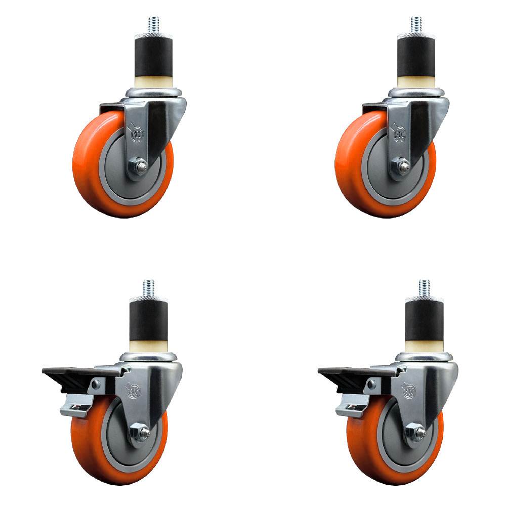 Polyurethane Swivel Expanding Stem Caster Set of 4 with 4 Inch Orange Wheels and 1-7/8" Stems - Includes 2 with Posi Locking Brakes - 1400 lbs Total Capacity - Service Caster Brand — photo 1