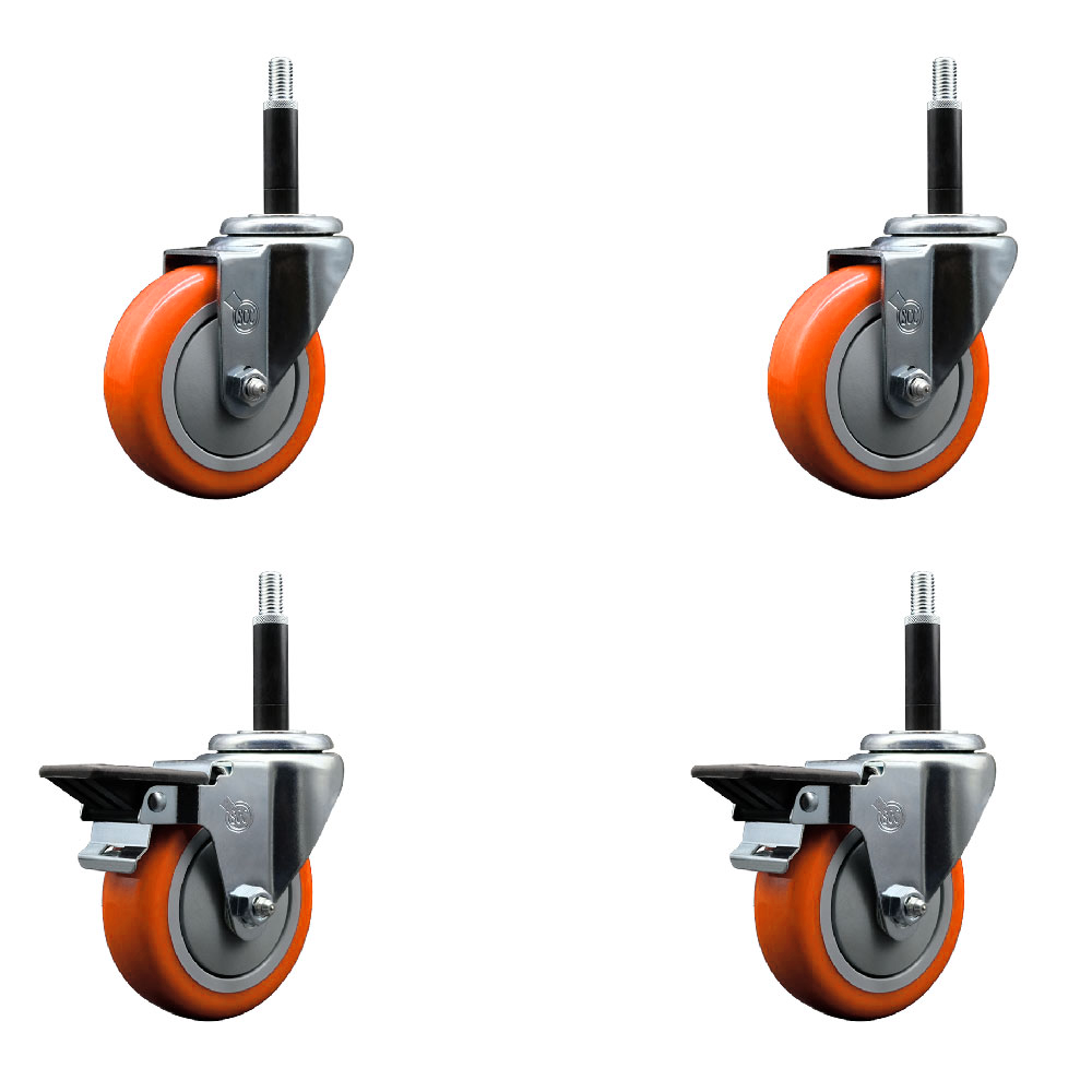 Polyurethane Swivel Expanding Stem Caster Set of 4 with 4 Inch Orange Wheels and 3/4" Stems - Includes 2 with Posi Locking Brakes - 1400 lbs Total Capacity - Service Caster Brand — photo 1