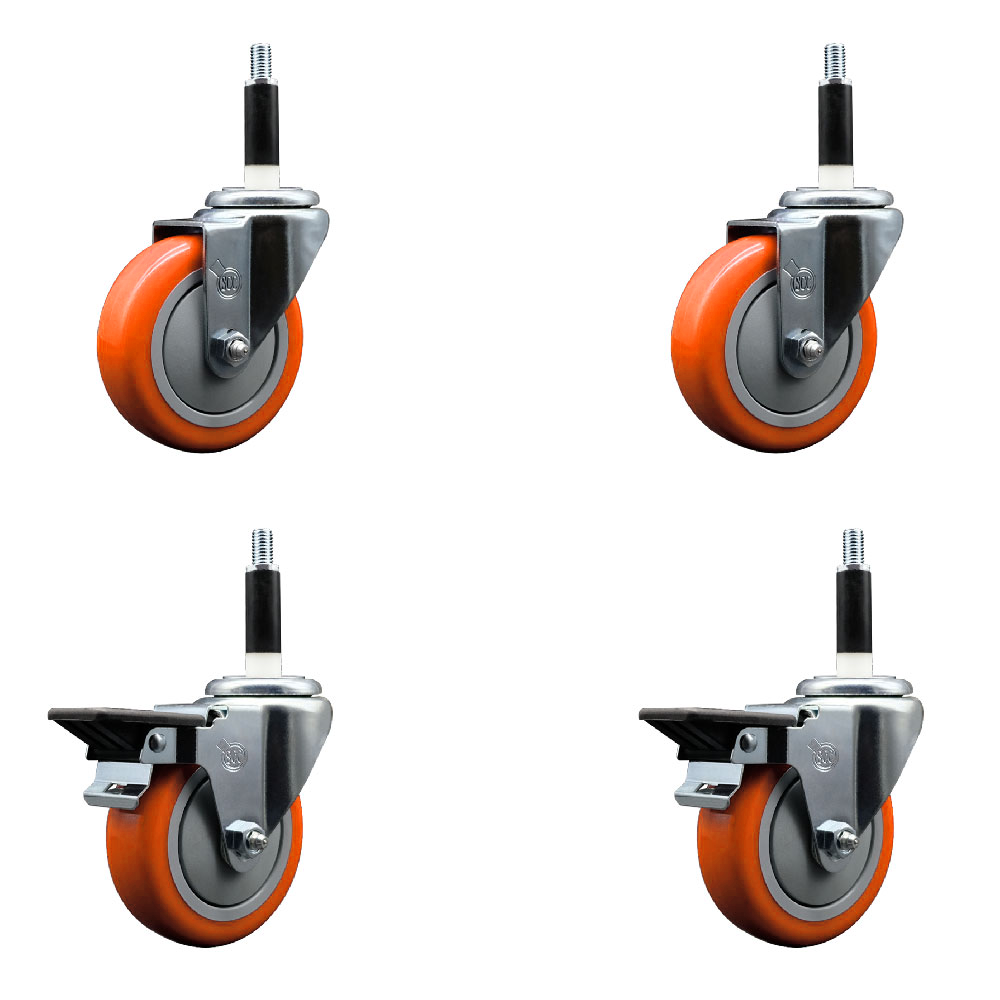 Polyurethane Swivel Expanding Stem Caster Set of 4 with 4 Inch Orange Wheels and 7/8" Stems - Includes 2 with Posi Locking Brakes - 1400 lbs Total Capacity - Service Caster Brand — photo 1