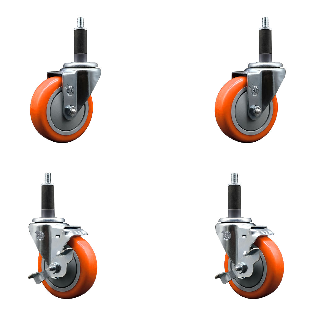 Polyurethane Swivel Expanding Stem Caster Set of 4 with 4 Inch Orange Wheels and 1" Stems - Includes 2 with Top Locking Brakes - 1400 lbs Total Capacity - Service Caster Brand — photo 1
