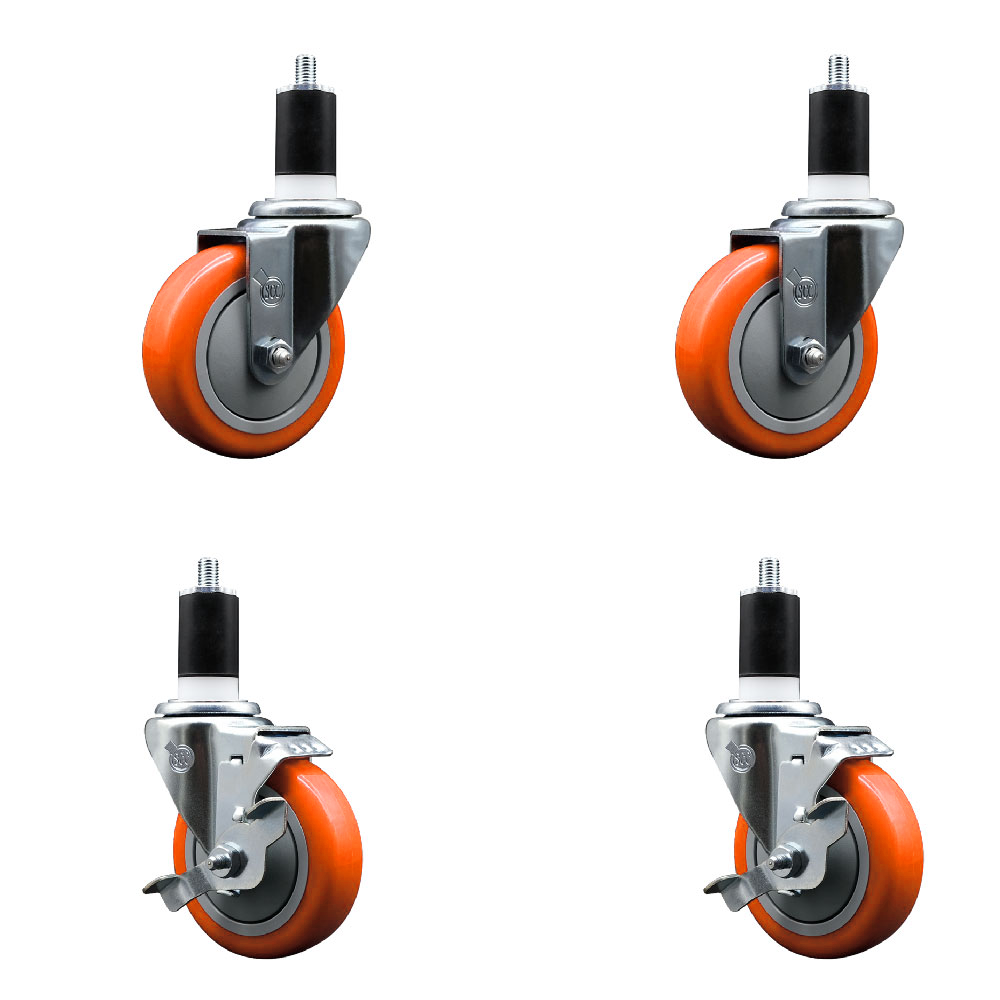 Polyurethane Swivel Expanding Stem Caster Set of 4 with 4 Inch Orange Wheels and 1-1/2" Stems - Includes 2 with Top Locking Brakes - 1400 lbs Total Capacity - Service Caster Brand — photo 1