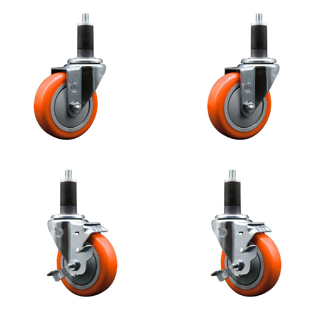 Polyurethane Swivel Expanding Stem Caster Set of 4 with 4 Inch Orange Wheels and 1-1/4" Stems - Includes 2 with Top Locking Brakes - 1400 lbs Total Capacity - Service Caster Brand — photo 1