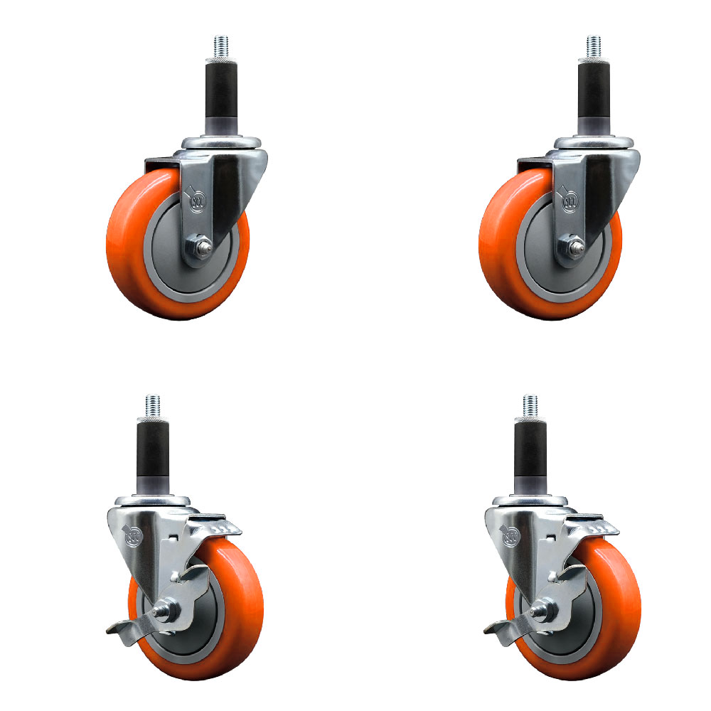 Polyurethane Swivel Expanding Stem Caster Set of 4 with 4 Inch Orange Wheels and 1-1/8" Stems - Includes 2 with Top Locking Brakes - 1400 lbs Total Capacity - Service Caster Brand — photo 1