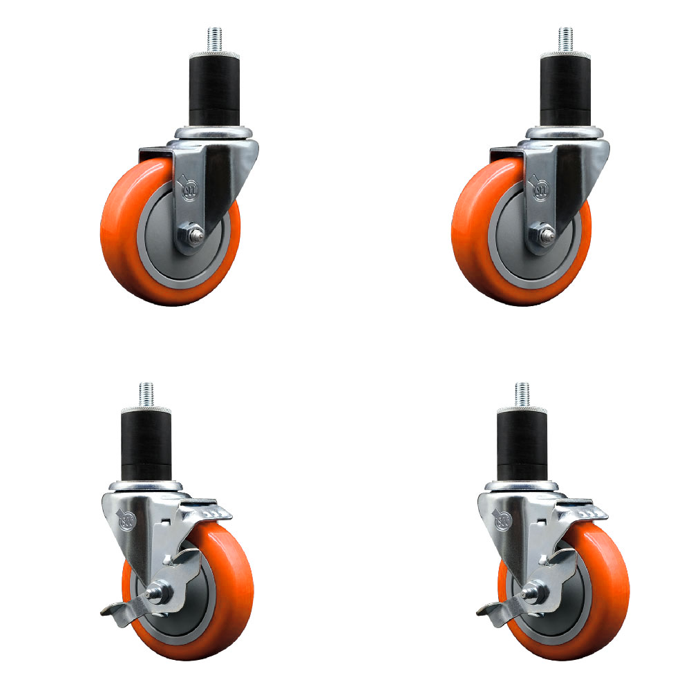 Polyurethane Swivel Expanding Stem Caster Set of 4 with 4 Inch Orange Wheels and 1-3/4" Stems - Includes 2 with Top Locking Brakes - 1400 lbs Total Capacity - Service Caster Brand — photo 1