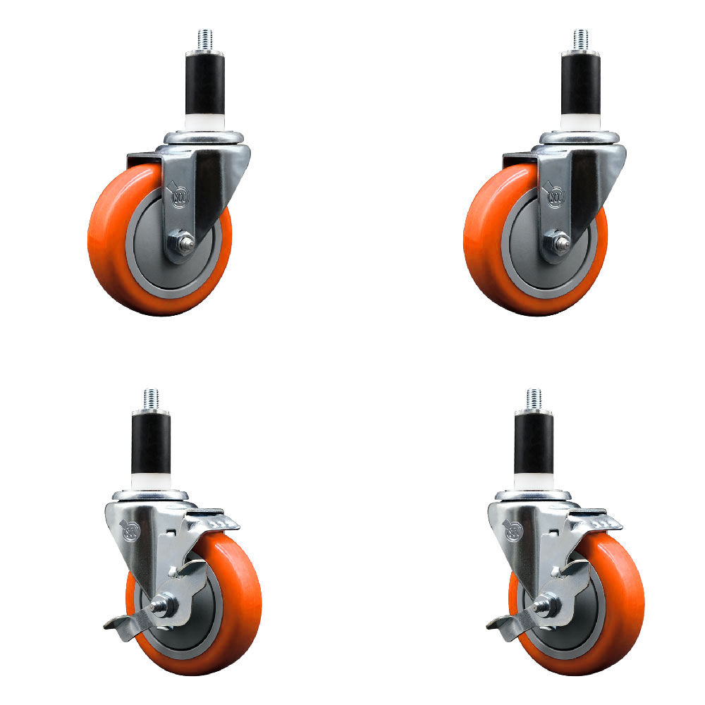 Polyurethane Swivel Expanding Stem Caster Set of 4 with 4 Inch Orange Wheels and 1-3/8" Stems - Includes 2 with Top Locking Brakes - 1400 lbs Total Capacity - Service Caster Brand — photo 1