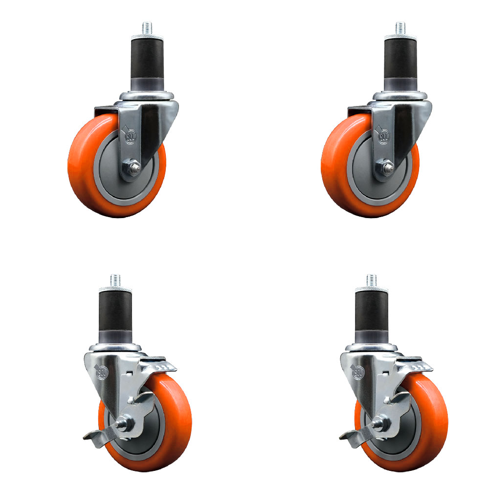 Polyurethane Swivel Expanding Stem Caster Set of 4 with 4 Inch Orange Wheels and 1-5/8" Stems - Includes 2 with Top Locking Brakes - 1400 lbs Total Capacity - Service Caster Brand — photo 1