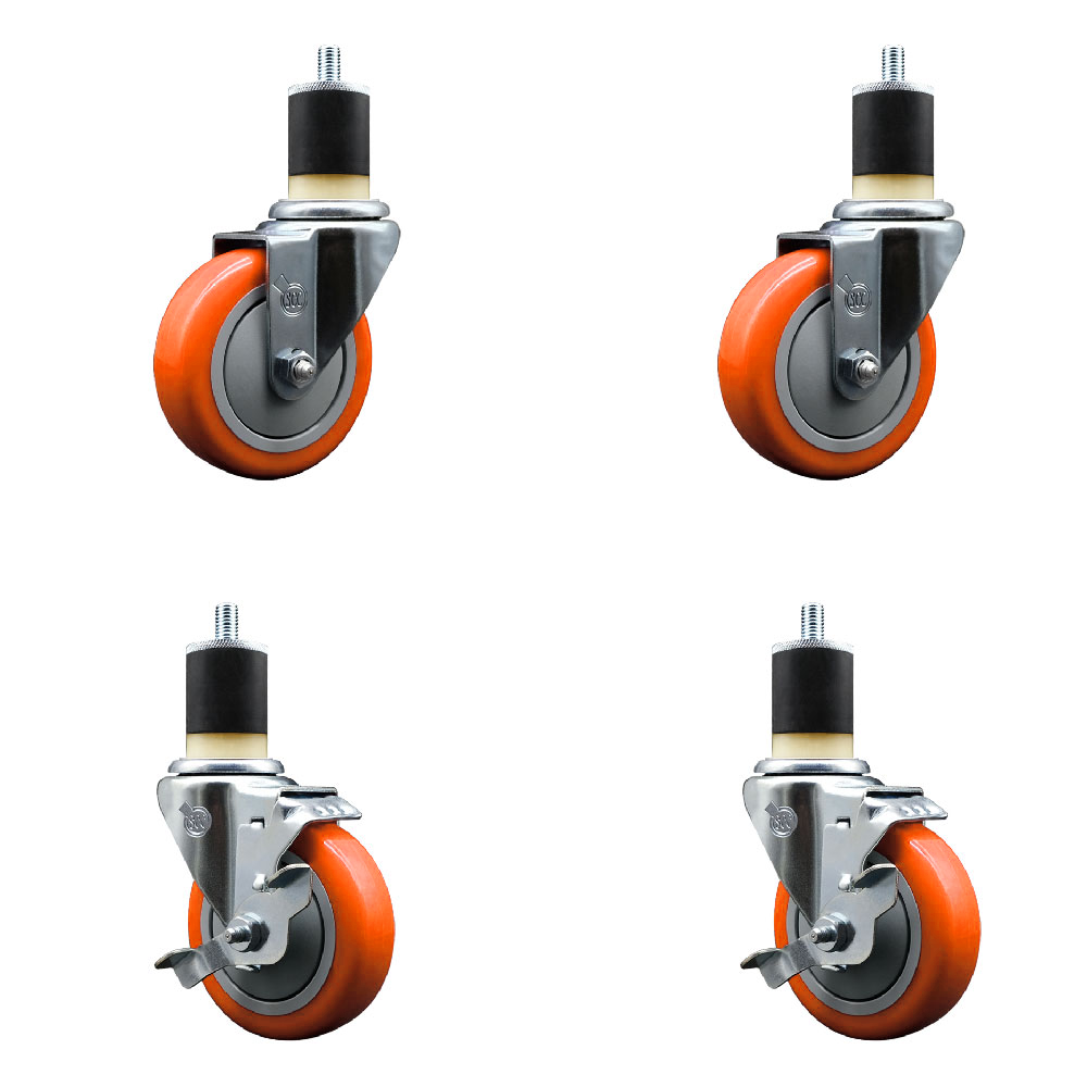 Polyurethane Swivel Expanding Stem Caster Set of 4 with 4 Inch Orange Wheels and 1-7/8" Stems - Includes 2 with Top Locking Brakes - 1400 lbs Total Capacity - Service Caster Brand — photo 1