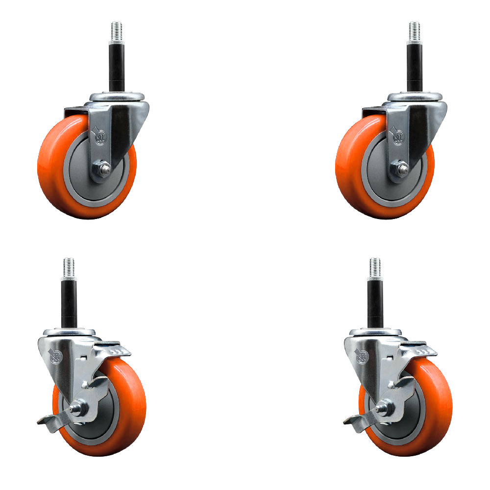 Stainless Steel Polyurethane Swivel Expanding Stem Caster Set of 4 with 4 Inch Orange Wheels and 3/4" Stems - Includes 2 with Top Locking Brakes - 1400 lbs Total Capacity - Service Caster Brand — photo 1