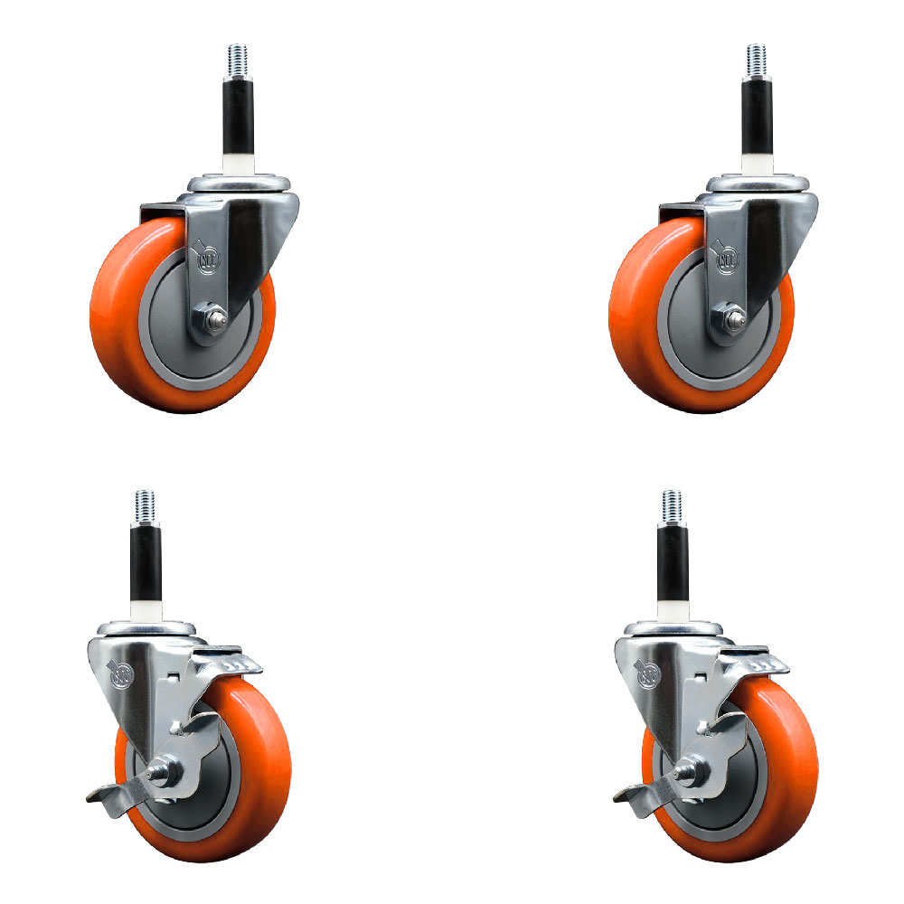 Polyurethane Swivel Expanding Stem Caster Set of 4 with 4 Inch Orange Wheels and 7/8" Stems - Includes 2 with Top Locking Brakes - 1400 lbs Total Capacity - Service Caster Brand — photo 1