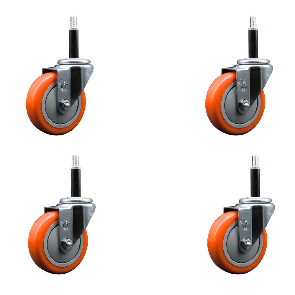 Polyurethane Swivel Expanding Stem Caster Set of 4 with 4 Inch Orange Wheels and 3/4" Stems - 350 lbs. Capacity Per Caster - Service Caster Brand — photo 1