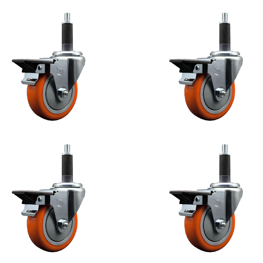 Polyurethane Swivel Expanding Stem Caster Set of 4 with 4 Inch Orange Wheels and 1" Stems - Includes 4 Swivel with Posi Locking Brakes - 350 lbs. Capacity Per Caster - Service Caster Brand — photo 1