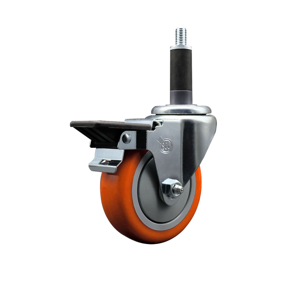 Polyurethane Expanding Stem Swivel Caster with 4 Inch Orange Wheel and 1" Stem & Posi Locking Brake - 350 lbs. Capacity Per Caster - Service Caster Brand — photo 1