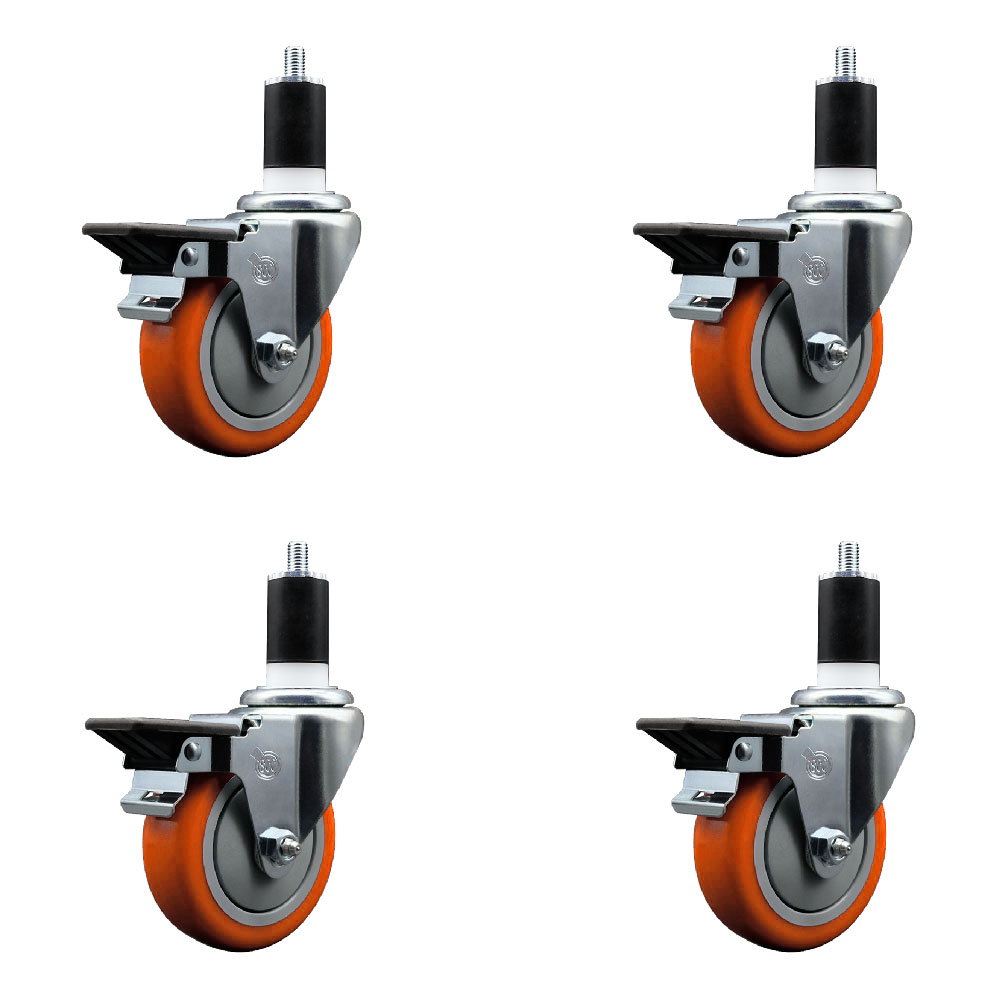 Polyurethane Swivel Expanding Stem Caster Set of 4 with 4 Inch Orange Wheels and 1-1/2" Stems - Includes 4 Swivel with Posi Locking Brakes - 350 lbs. Capacity Per Caster - Service Caster Brand — photo 1