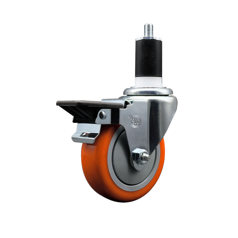 Polyurethane Expanding Stem Swivel Caster with 4 Inch Orange Wheel and 1-1/2" Stem & Posi Locking Brake - 350 lbs. Capacity Per Caster - Service Caster Brand — photo 1