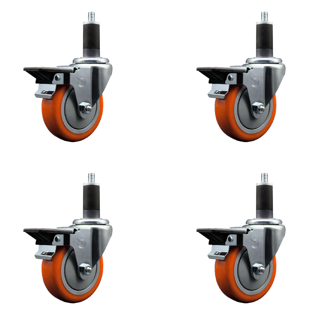 Polyurethane Swivel Expanding Stem Caster Set of 4 with 4 Inch Orange Wheels and 1-1/4" Stems - Includes 4 Swivel with Posi Locking Brakes - 350 lbs. Capacity Per Caster - Service Caster Brand — photo 1