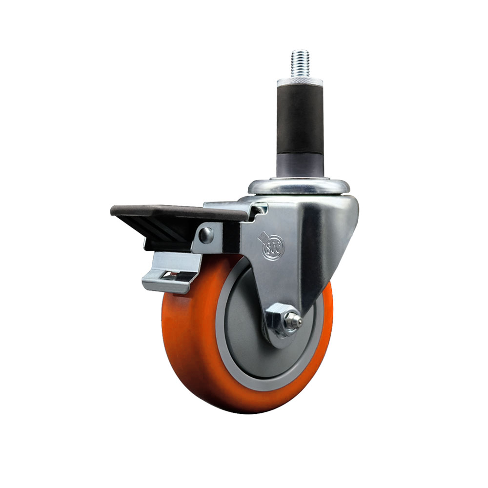 Polyurethane Expanding Stem Swivel Caster with 4 Inch Orange Wheel and 1-1/4" Stem & Posi Locking Brake - 350 lbs. Capacity Per Caster - Service Caster Brand — photo 1