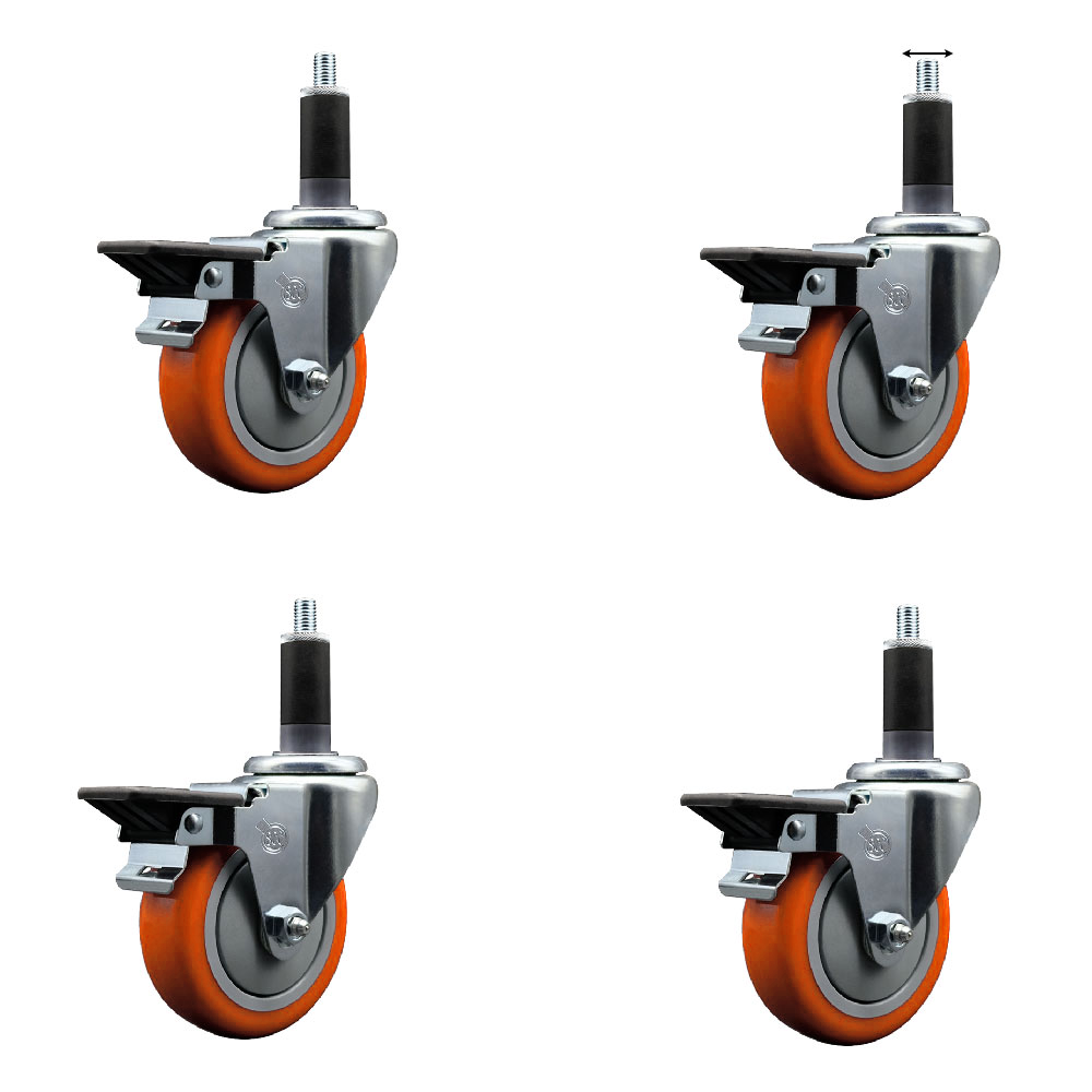 Polyurethane Swivel Expanding Stem Caster Set of 4 with 4 Inch Orange Wheels and 1-1/8" Stems - Includes 4 Swivel with Posi Locking Brakes - 350 lbs. Capacity Per Caster - Service Caster Brand — photo 1