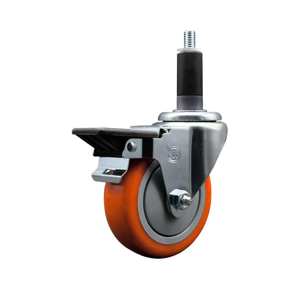 Polyurethane Expanding Stem Swivel Caster with 4 Inch Orange Wheel and 1-1/8" Stem & Posi Locking Brake - 350 lbs. Capacity Per Caster - Service Caster Brand — photo 1