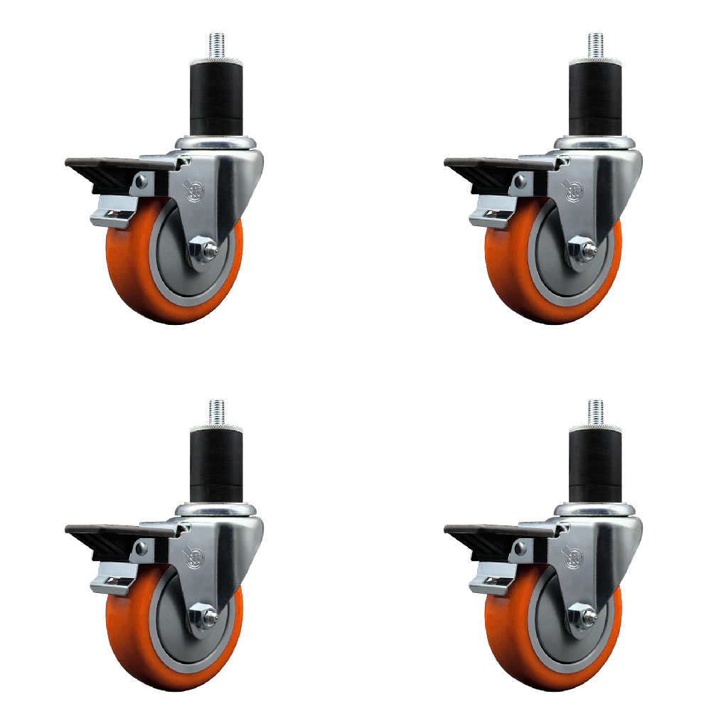 Polyurethane Swivel Expanding Stem Caster Set of 4 with 4 Inch Orange Wheels and 1-3/4" Stems - Includes 4 Swivel with Posi Locking Brakes - 350 lbs. Capacity Per Caster - Service Caster Brand — photo 1