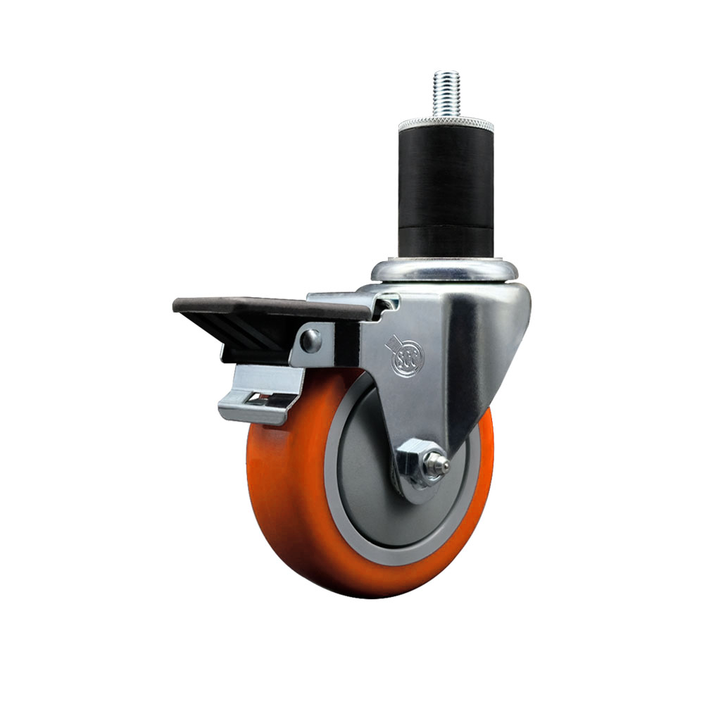 Polyurethane Expanding Stem Swivel Caster with 4 Inch Orange Wheel and 1-3/4" Stem & Posi Locking Brake - 350 lbs. Capacity Per Caster - Service Caster Brand — photo 1