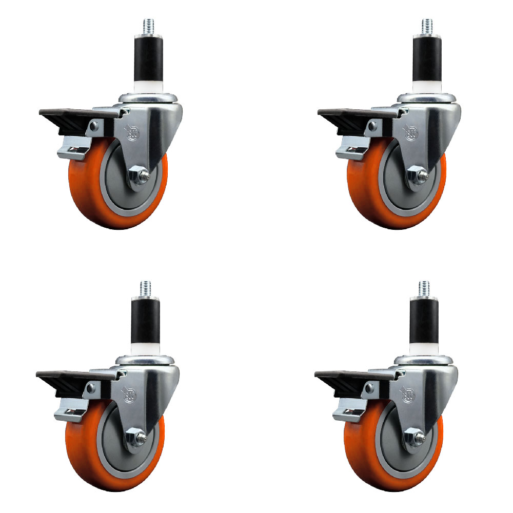 Polyurethane Swivel Expanding Stem Caster Set of 4 with 4 Inch Orange Wheels and 1-3/8" Stems - Includes 4 Swivel with Posi Locking Brakes - 350 lbs. Capacity Per Caster - Service Caster Brand — photo 1