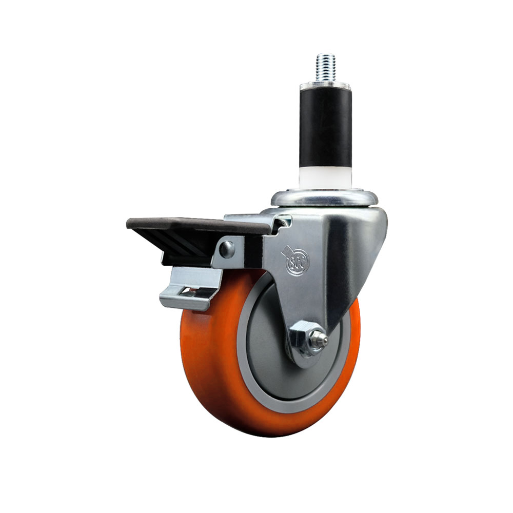Polyurethane Expanding Stem Swivel Caster with 4 Inch Orange Wheel and 1-3/8" Stem & Posi Locking Brake - 350 lbs. Capacity Per Caster - Service Caster Brand — photo 1