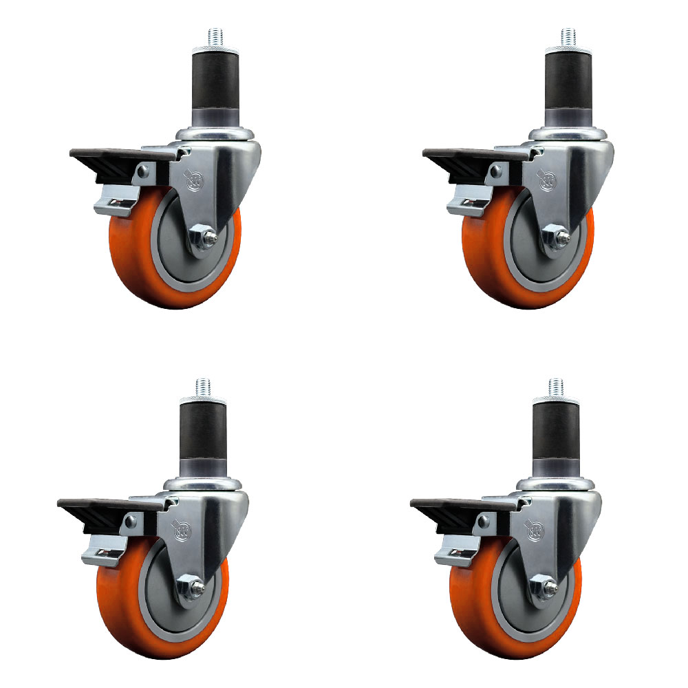 Polyurethane Swivel Expanding Stem Caster Set of 4 with 4 Inch Orange Wheels and 1-5/8" Stems - Includes 4 Swivel with Posi Locking Brakes - 350 lbs. Capacity Per Caster - Service Caster Brand — photo 1
